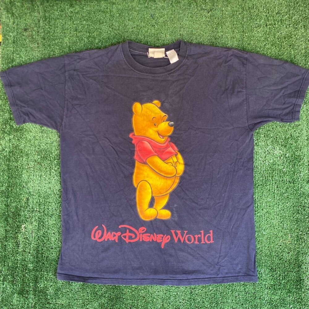 Vintage 90s Winnie the Pooh T-Shirt Walt Disney World Big Print Boxy Navy L